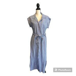 FOR CYNTHIA Blue and White Striped Short Sleeved Collared Belted Shirt Dress M
